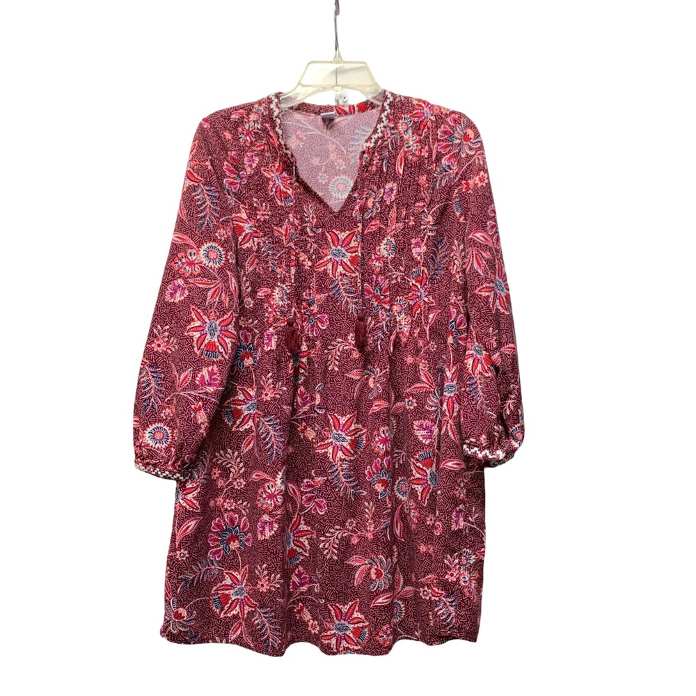 Floral Print V-Neck Long Sleeve Dress - Red